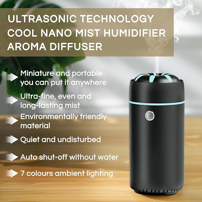 Car Humidifier Diffuser - Smart Cool Mist Air Freshener for Essential Oils - USB for Car, Home, Office, Bedroom (Black) - Bloomnest