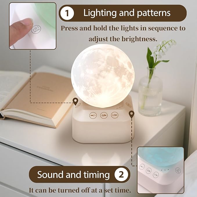 White Noise Sleep Machine with Moon Lamp Night Light,24 Soothing Sounds,Adjustable RGB Color Changing,Sleep Aid for Babies & Adults,Timer & Type-C Rechargeable,Reduces Stress & Improves Sleep Quality - Bloomnest