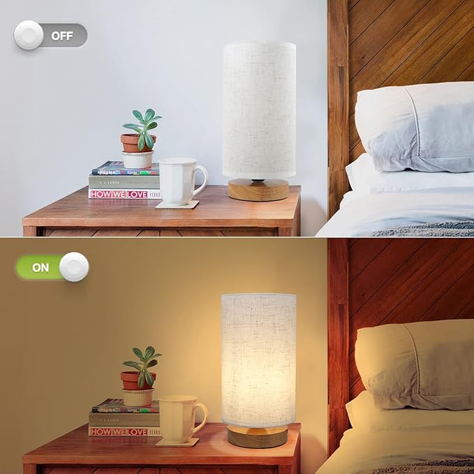 Minimalist Dimmable Nightstand Lamp with Round Fabric Linen Shade, 3 Color Temperatures, Desk & Bedside Lamp for Study, Living Room, Bedroom, Office, Dorm - Bloomnest