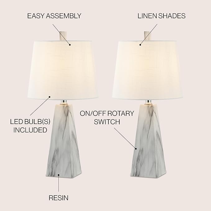 JONATHAN Y JYL1037A-SET2 Owen 20.5" Resin LED Table Lamp Contemporary, Office, Living Room, Family Room, Dining Room, Bedroom, Hallway, Foyer, White Marble Finish (Set of 2) - Bloomnest