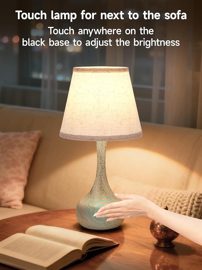 Touch Table Lamp for Bedroom Set of 2, Farmhouse 3-Way Dimmable Bedside Lamps for Nightstand with Fabric Shade - Bloomnest