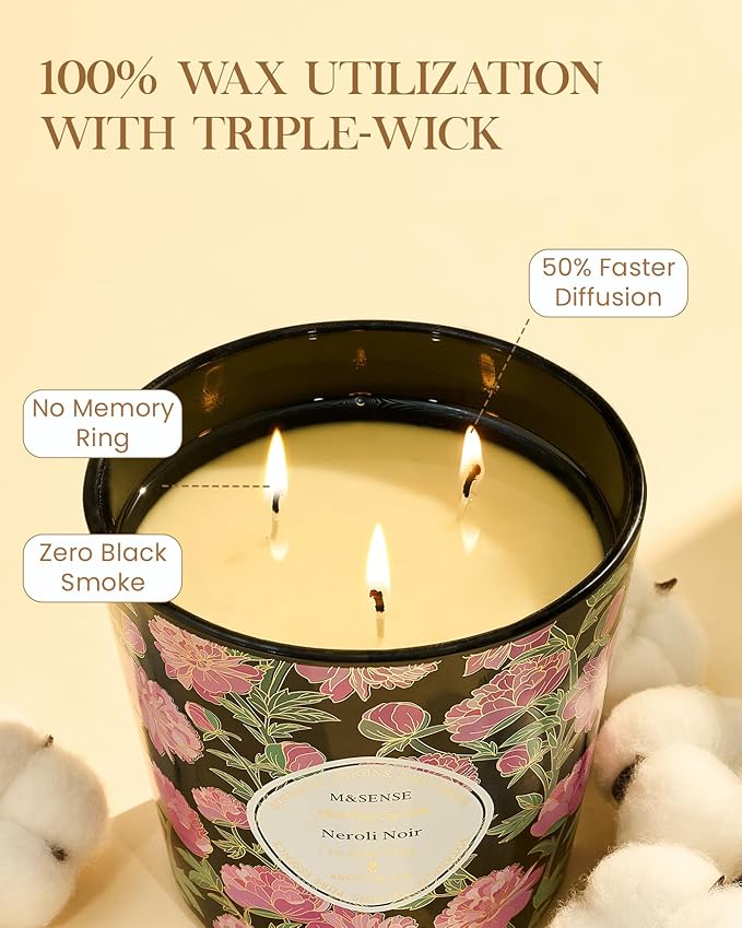 M&SENSE Neroli Noir Scented Candle, 28.2oz 3 Wick Natural Soy Wax Large Candles, Long Lasting Clean Slow Burning No Toxic Décor for Home Relaxation, Romantic Dates & Gift-Giving - Bloomnest