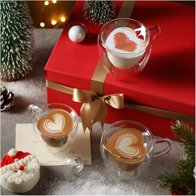CNGLASS Mothers Day Gifts for Mom,Double Wall Heart Shaped Glass Coffee Mugs 8.5oz,Insulated Clear Tea Cups with Handle,Unique Glass Espresso Mugs for Coffee,Cappuccino,Latte,Milk,Set of 2 - Bloomnest