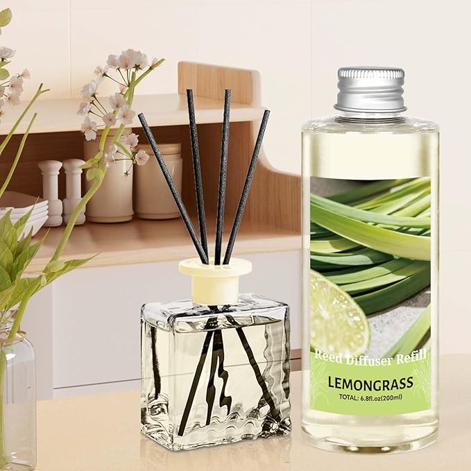 STRN Reed Diffuser Essential Oil Refill, Lemongrass Scent 200ml with Sticks, Long-Lasting Aromatherapy, Natural Fragrance Liquid with Eco-Friendly Bottle for Home, Bedroom, Spa - Bloomnest