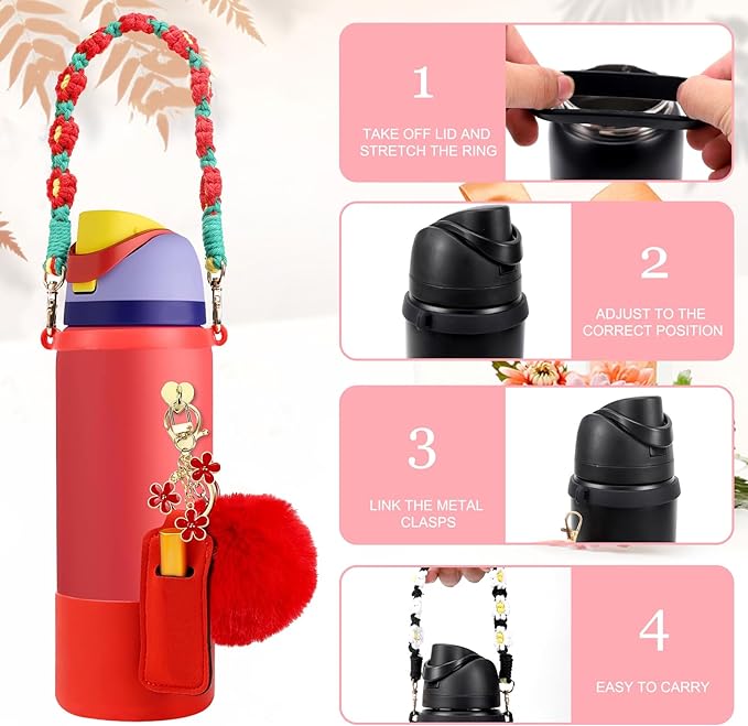 Compatible for Owala Accessories Bundle: Silicone Boot for 24oz & 32oz Bottles, Charms, Handle, Strap, Rubber Bottoms, and Decorative Add-ons for Your Compatible for Owala Water Bottle, Red Bloomnest