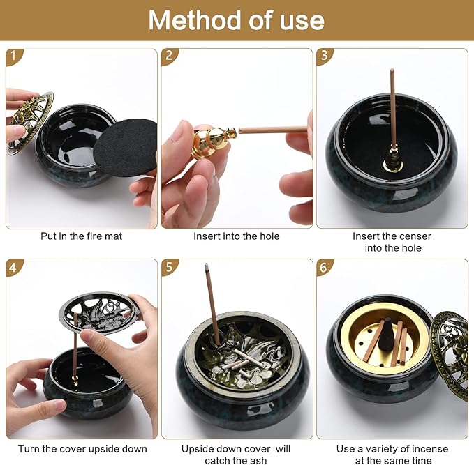 Ceramic Incense Burner with Incense Holder+Spacer Layer+Fireproof Cotton,Handmade Smudging Burn Bowl for Stick or Coil Incense,Sage Cones and Frankincense (Dark Blue) - Bloomnest