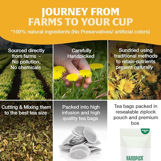 HANDPICK - Dandelion Root Tea bags, 100 Teabags - Natural Dandelion Herbal Tea for Liver & Kidney Health - Non-GMO - Caffeine-free - Support Digestion & Boost Immune System - Bloomnest