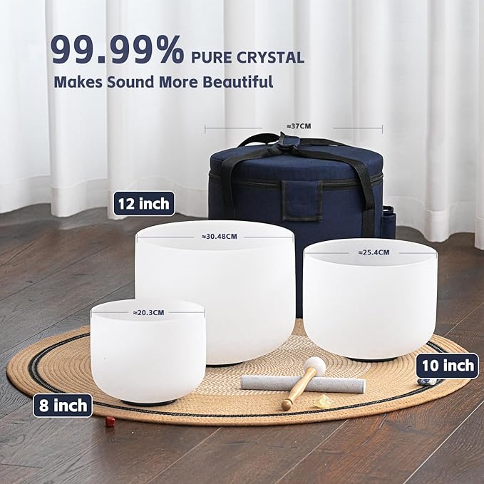 440HZ Sound Healing 8''-12'' Set of 3 Crystal Singing Bowls, Frosted Chakra Quartz Crystal Sound Bowl 8'' A Third-Eye, 10'' F Heart, 12'' C Root With Carry Bags and Mallet - Bloomnest