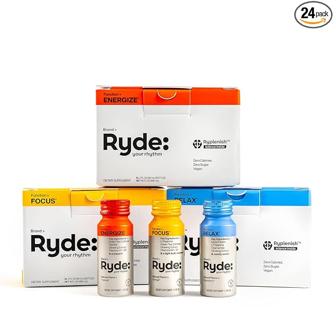 Ryde: Discovery Pack | Energize, Focus & Relax Shots | Green Tea Caffeine, Taurine, Ginseng, B Vitamins, L-Theanine, Lemon Balm, Chamomile | 0 Calories, 0 Sugar | Variety Pack – Try Them All (24 Pack) - Bloomnest