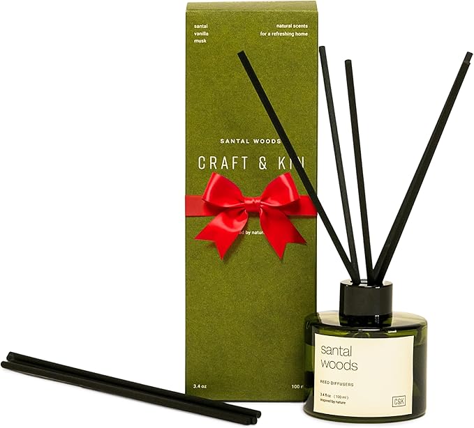 Craft & Kin Santal Woods Christmas Reed Diffuser | All Natural Essential Oil & Rattan Scent Sticks | Holiday Reed Diffusers for Home, Bathroom | Long Lasting Home Fragrance in Green Glass, 3.4oz CraftKin