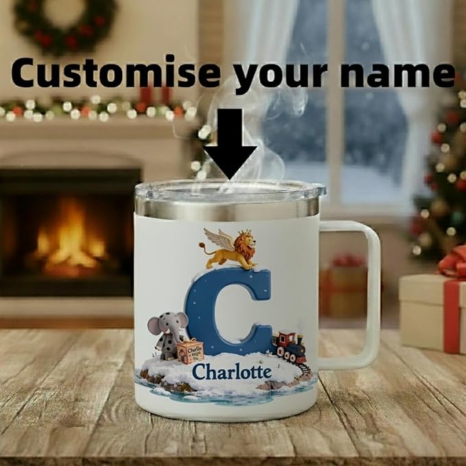 Personalized Kids Hot Chocolate Mug with Custom Name, Magical Lion & Train Christmas Tumbler for Boys & Girls - 14oz Insulated Stainless Steel Cup with Handle & Lid, Unique Holiday (B66) - Bloomnest