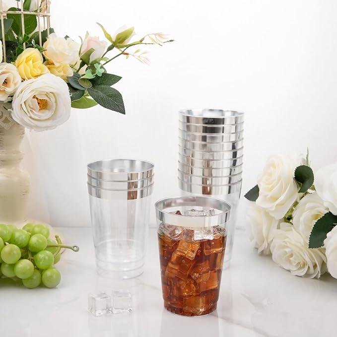 I00000 100 Pack 12 oz Silver Plastic Cups, Silver Rimmed Disposable Cups, Party Wine Glasses Cocktail Glasses Premium Cups with Silver Rim, 12 Ounce Plastic Tumblers For Party - Bloomnest