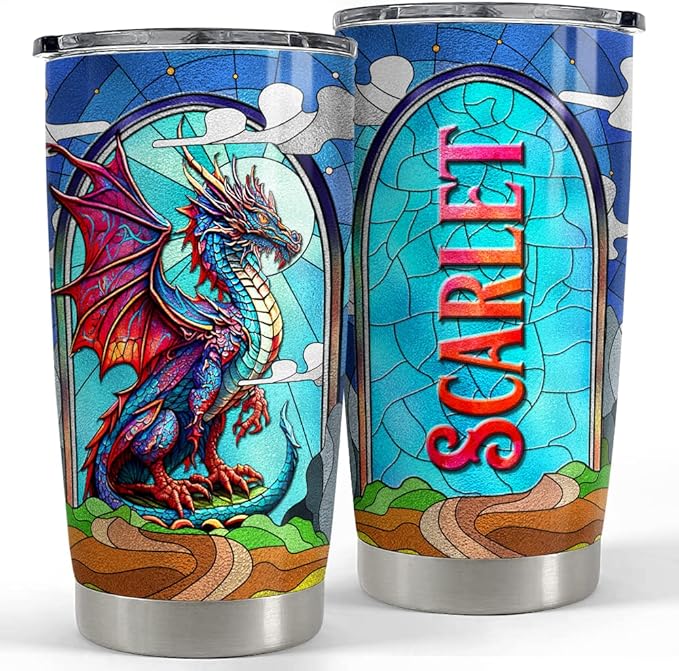SANDJEST Personalized Dragon Tumbler with Customize Name Stained Glass Drawing 20oz 30oz Tumbler with Lid Gift for Woman Man Dragon Lovers - Bloomnest