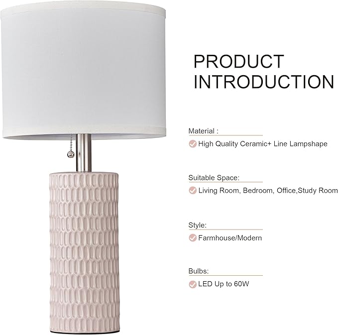Table Lamps for Living Room Set of 2, Ceramic Table Lamps for Bedroom, 20" Modern Lamps for Night Stands, Pink - Bloomnest