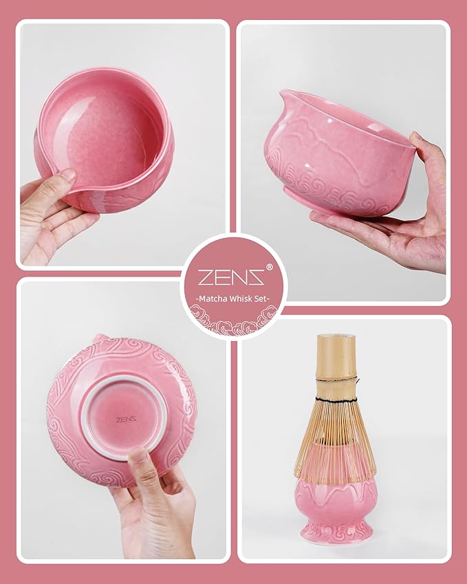 ZENS Pink Matcha Set, Matcha Whisk Set Includes 15oz Ceramic Bowl & (Chasen Holder), Bamboo Whisk & Scoop, Sifter and Pink Tea Towel, 6pcs Matcha Kit for Matcha Lovers - Bloomnest