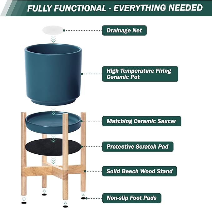 D'vine Dev Ceramic Planter with Natural Stand - 12 Inch Modern Round Flower Pot with Wood Planter Holder, Teal, 55-B-J-4 - Bloomnest
