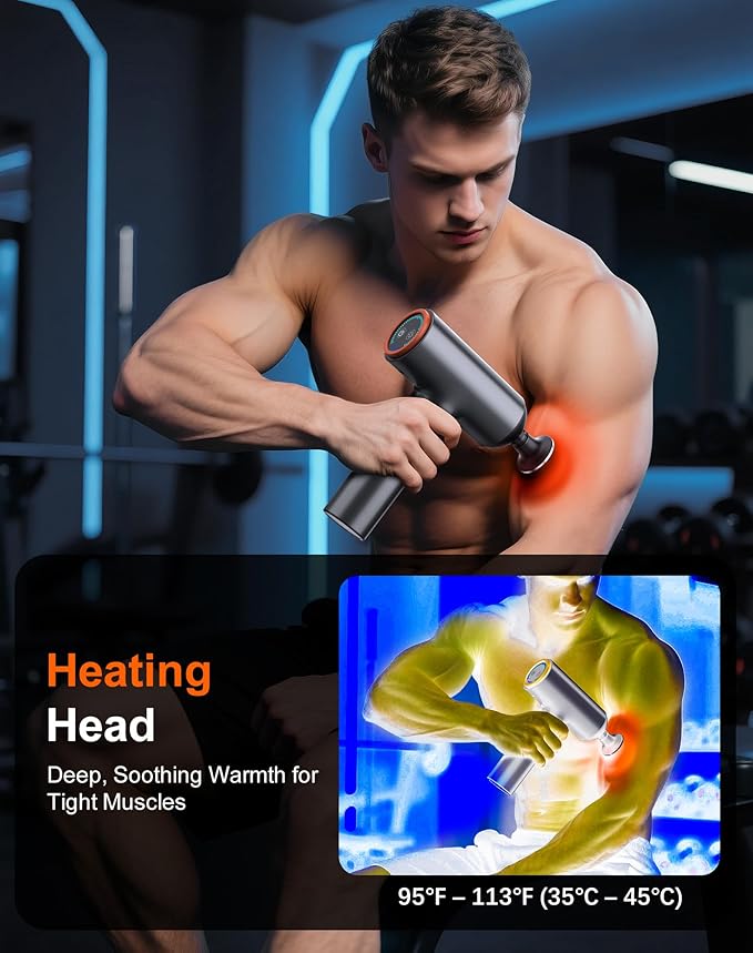arboleaf Thermal Massage Gun Deep Tissue with Heat, Handheld Muscle Percussion Massager with Full-Metal Head, 6 Replacements for Athletes Pain Relief, Relax, Gifts for Men and Women - Bloomnest