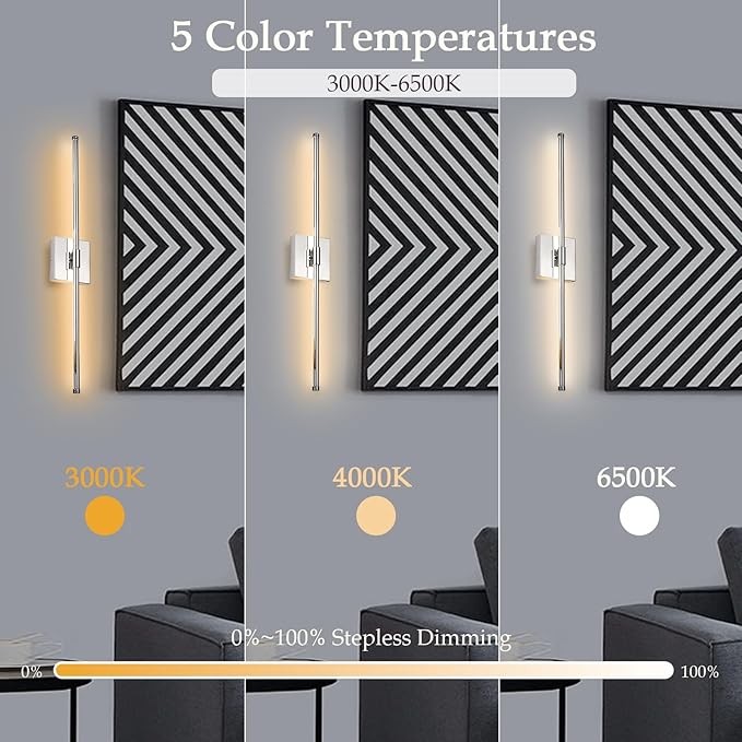 LED Wall Sconce with Remote Control, LED Wall Light, 5 Colors 3000K-6500K & Dimmable, Hardwire Wall Lamp for Living Room, Bedroom, Chrome - Bloomnest