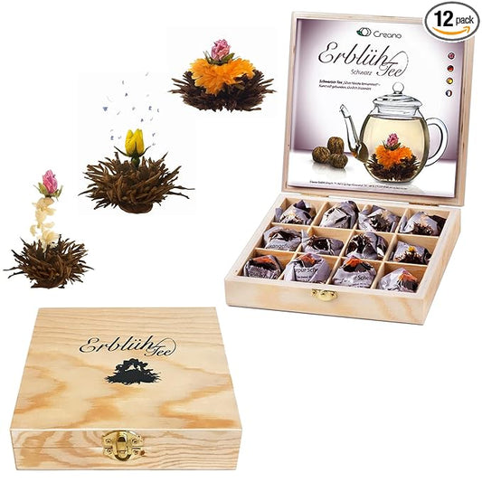 Creano Abloom Tea - Blooming Gift Set in Wooden Box - 12 Pieces in 3 Variations, Black - Bloomnest