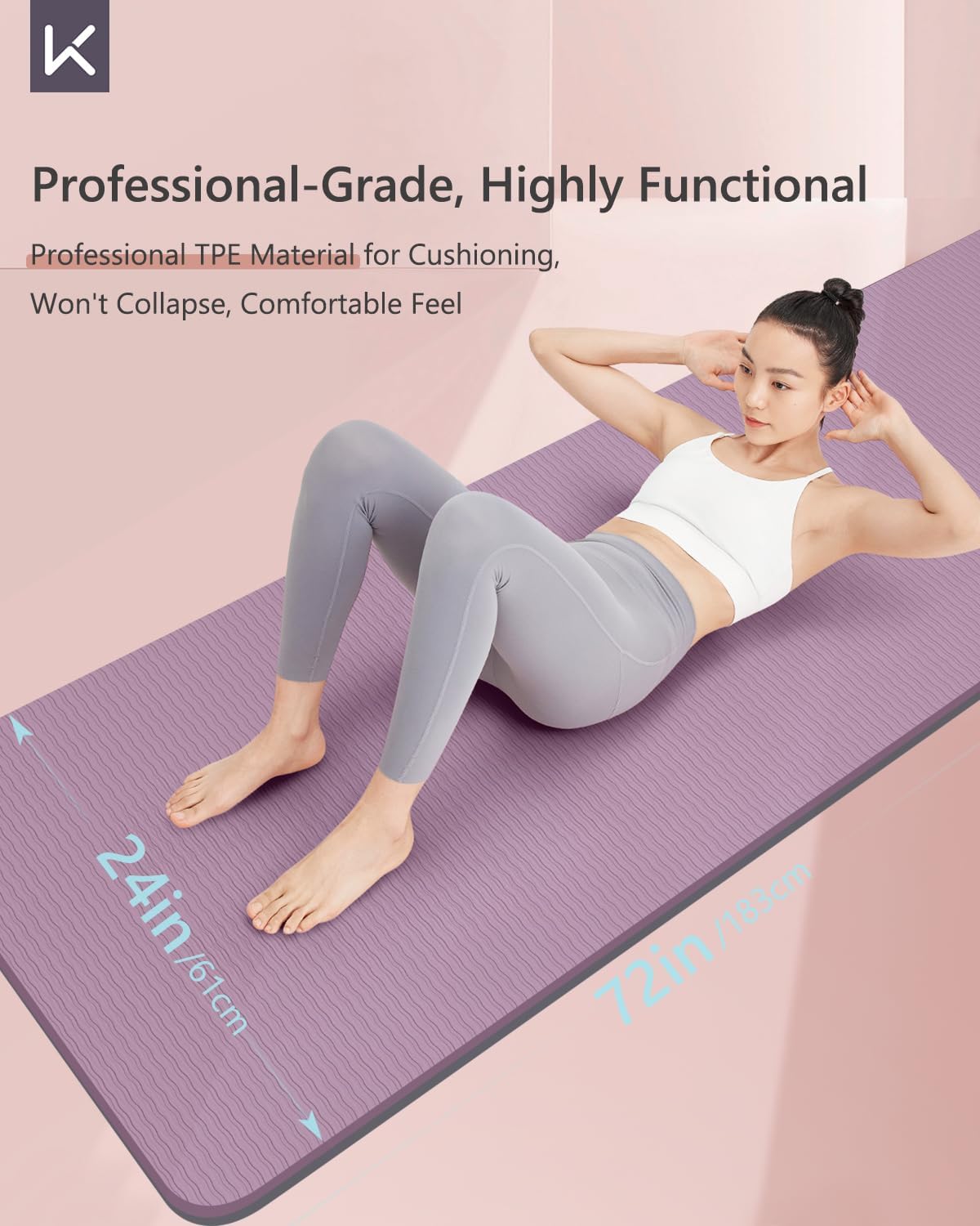 KEEP Yoga Mat Non Slip, Hot Yoga Mat for Women, 72"x24" Double-Color Exercise mat for Home Workout, Premium TPE 7mm Thickened Lightweight Workout Mat for Pilates and Fitness