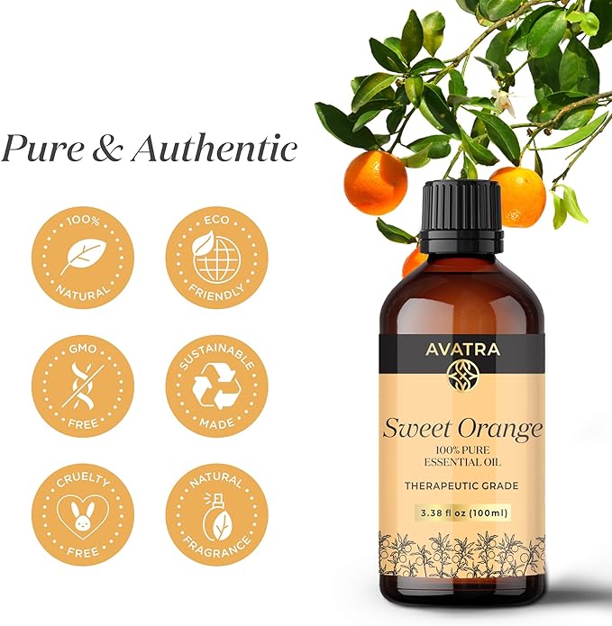 Avatra Brazilian Sweet Orange Essential Oil 100ml (3.38oz) - 100% Pure & Natural Orange Oil with Glass Dropper & Travel Bottle - Premium Essential Oil for Diffuser, Aromatherapy, Massage & DIY Candles - Bloomnest