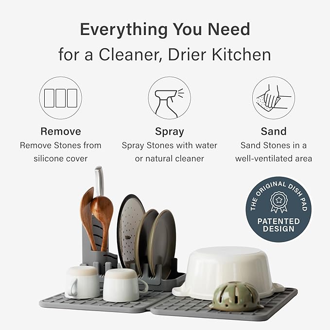 Dorai Home Collapsible Dish Drying Rack and Stone Dish Pad – Large Foldable Drying Rack with Instant - Dry Stone Mat –Space-Saving Drainer Rack for Kitchen Counter - 24.6" x 16.5", Slate - Bloomnest
