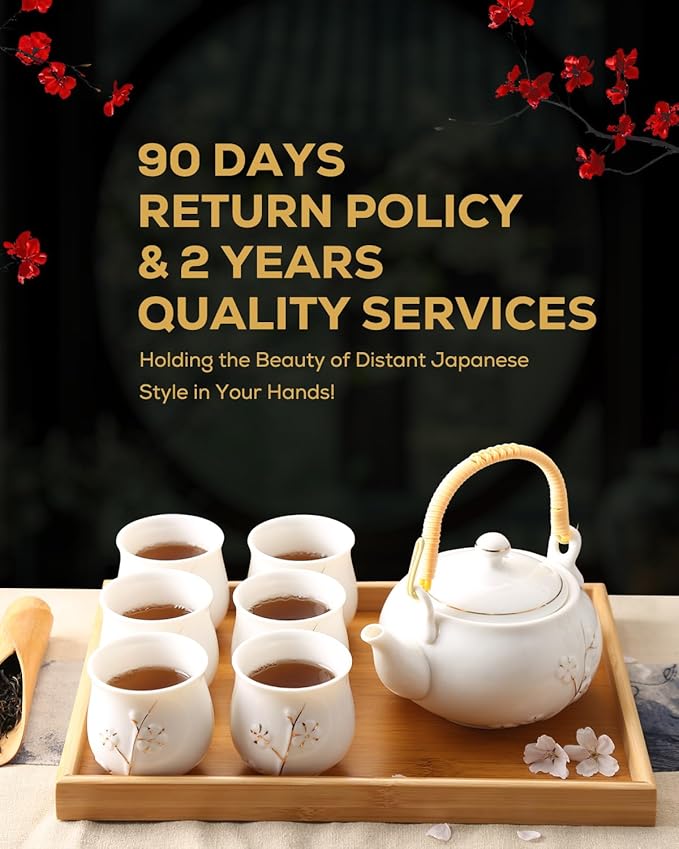 Dujust Japanese Tea Set, White Porcelain Tea Set with 1 Teapot Set, 6 Tea Cups, 1 Tea Tray, 1 Stainless Infuser, Cute Asian Tea Sets for Adults/Tea Lover/Women/Men (Plum in Golden) - Bloomnest