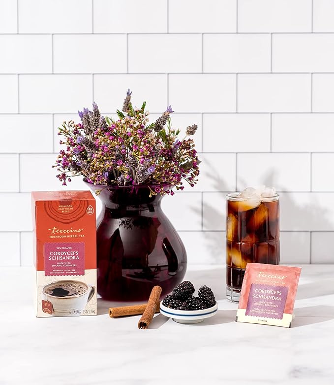 Teeccino Cordyceps Schisandra Tea - Cinnamon Berry - Caffeine Free Mushroom Adaptogenic Herbal Tea, 3x More Herbs Than Regular Tea Bags, Naturally Sweet, Gluten Free, Prebiotic - 25 Tea Bags - Bloomnest