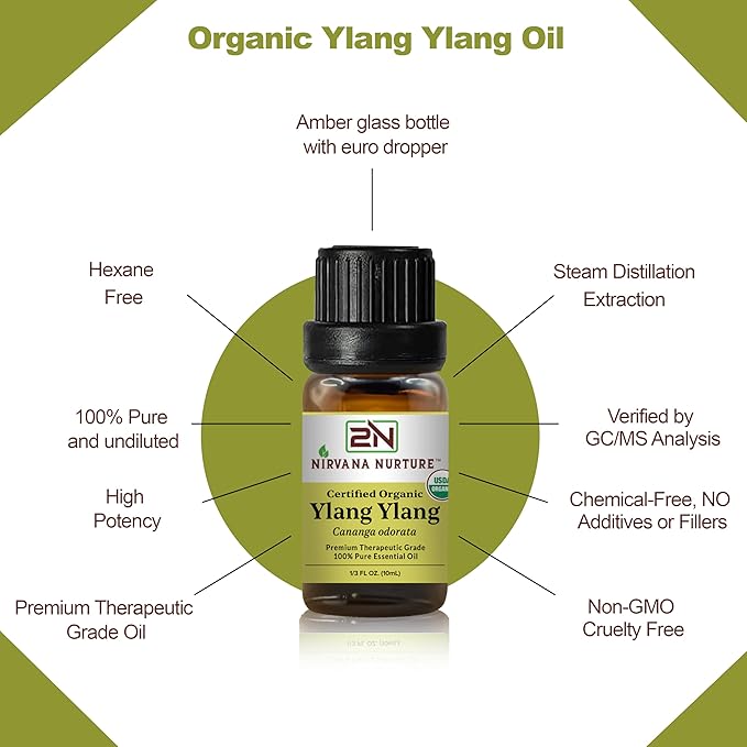 Ylang Ylang Essential Oil, USDA Certified Organic, 100% Pure Undiluted, Aromatherapy Oil for Diffuser, Hair & Skin Care