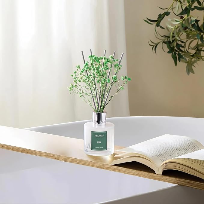 Airkeep Reed Diffuser Set, 3.38 fl oz (100 ml) - Sage Lemon Oil Diffusers with 8 Reed Sticks, Home Fragrance Reed Diffuser for Bathroom Shelf Decor