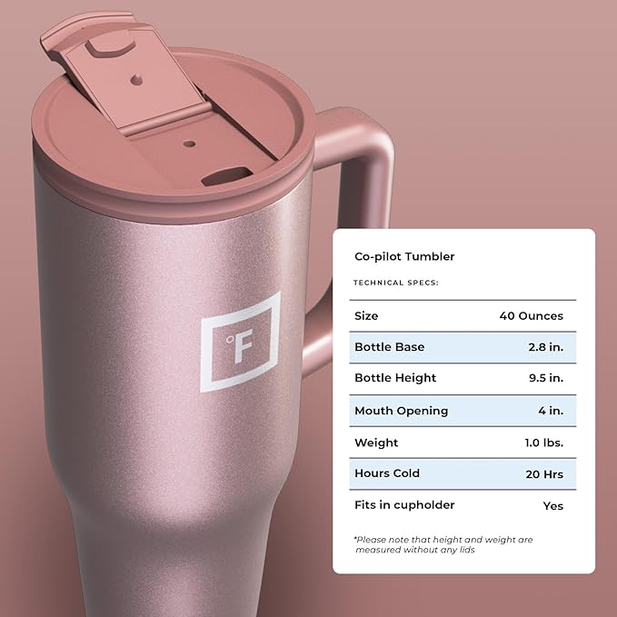 IRON °FLASK Co-Pilot Insulated Mug w/Straw & Flip Cap Lids - Cup Holder Bottle for Hot, Cold Drink - Leak-Proof - Water, Coffee Portable Travel Mug - Rose Gold, 40 Oz - Bloomnest