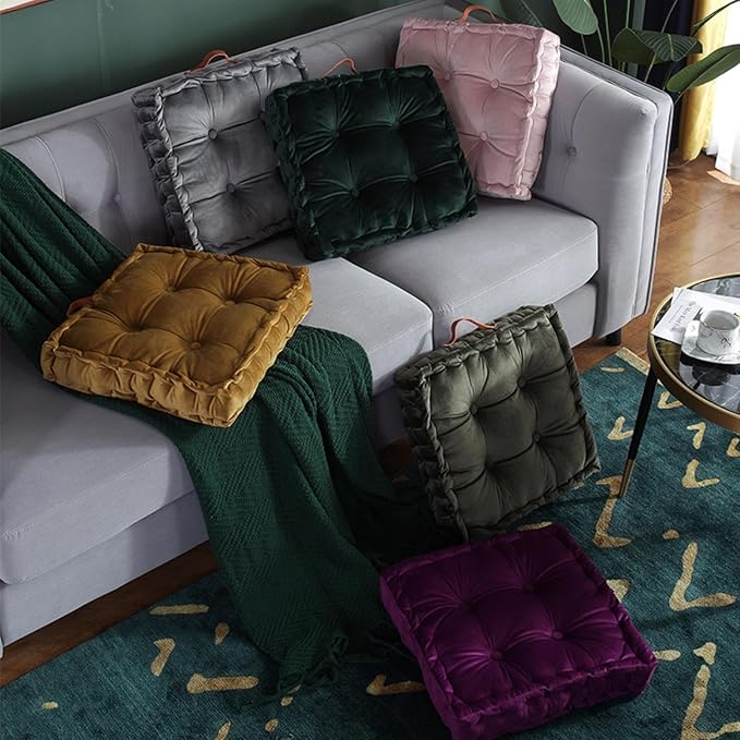 Floor Cushion Pillow, 16.5" Square Floor Cushion Seating for Adults Velvet Thick Meditation Cushion with Handles Decorative Floor Pillow for Yoga Living Room Bedroom Tatami, Dark Green - Bloomnest