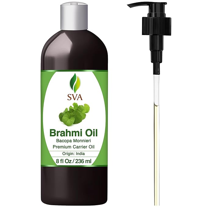 SVA Brahmi Oil - 8 Fl Oz – 100% Natural Cold Pressed Brahmi Oil - for Face, Skin Care, Hair Care, Scalp Massage & Body Massage – Carrier Oil with Pump - Bloomnest