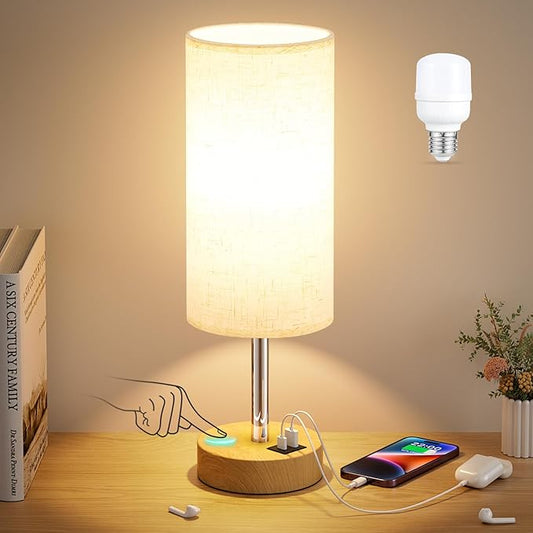 Dicoool Touch Bedside Table Lamp with USB - 3 Way Dimmable Wood Lamp for Bedroom Nightstand, Desk Lamp with Charging Station for Dorm, Living Room, Office, Kids Room, Small, 14in - Bloomnest
