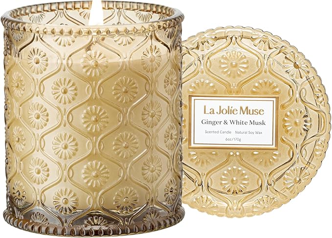 LA JOLIE MUSE Ginger & White Musk Candles | Ginger, Lemongrass & Musk | 6 oz Soy Candle | Natural Soy Wax | 40 Hours Clean Burn | Gift-Ready for Hosts & Gathering | Seasonal Home Décor - Bloomnest