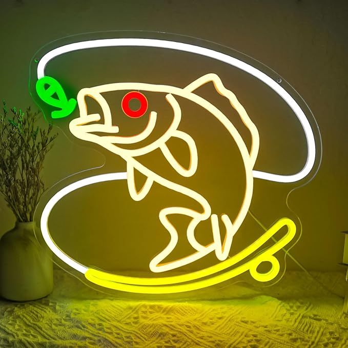 Fishing Neon Sign, Dimmable Fish LED Neon Lights for Wall Decor, USB Powered Fishing Hook Neon Lights for Man Cave, Cabin, Living Room, Fishermen Gifts (14.6 x 13.3 in) - Bloomnest