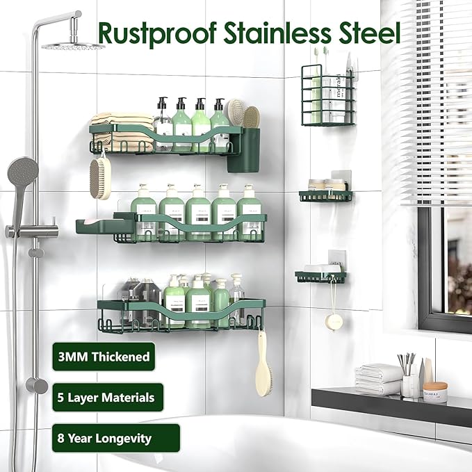 Shower Caddy Adhesive Shower Organizer 8-Pack, Rustproof Stainless Steel Bathroom Shelves, Large Capacity No-Drill Rack Storage Accessories with Soap Dish Toothbrush Holder Hooks - Bloomnest