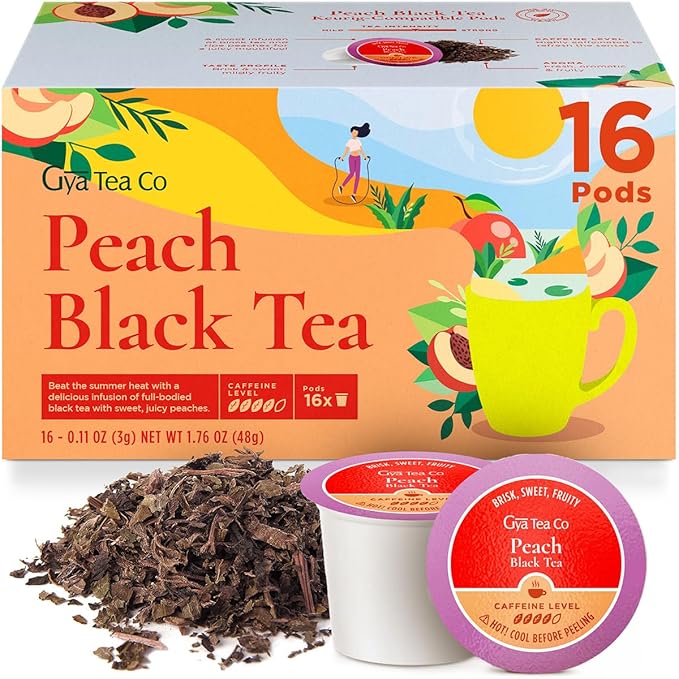 Gya Tea Co Caffeinated Peach Black Tea Pod (16 Count) - Smooth, Flavourful, Robust, Enjoy Hot or Iced - Bloomnest
