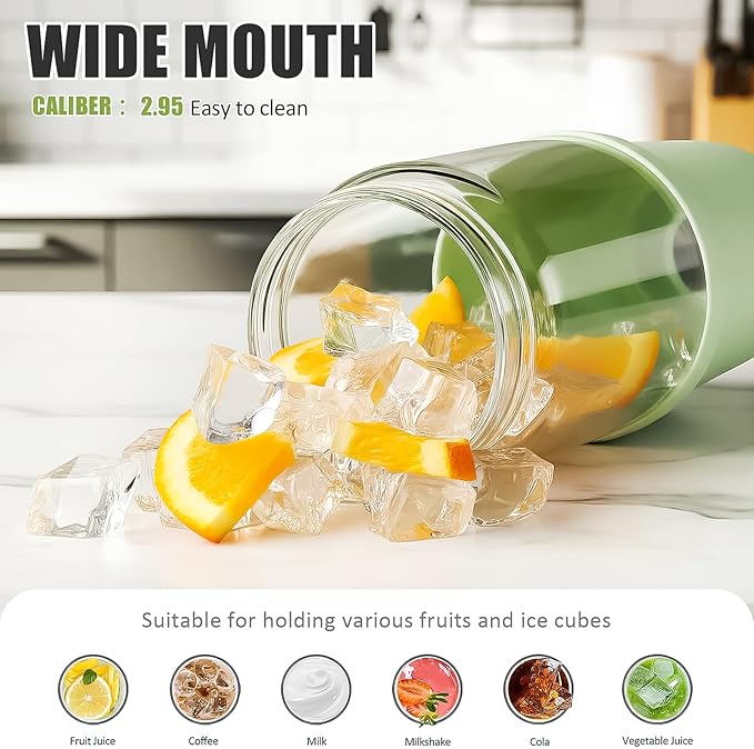 Glass Tumbler with Carry Handle, Clear Glass Water Bottle with Leakproof Lid, Spout Lid&Straw, BPA-Free, 32 oz, Light Green - Bloomnest