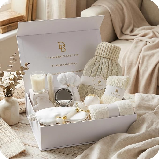 White Wellness Box 12pc Self Care Spa Gift Basket for Women - Loving Gift Basket for Mothers Day, Birthday, Best Friend set, Womens Beauty Kit. Luxury Gifts with Scented Candle, Bath Bomb.