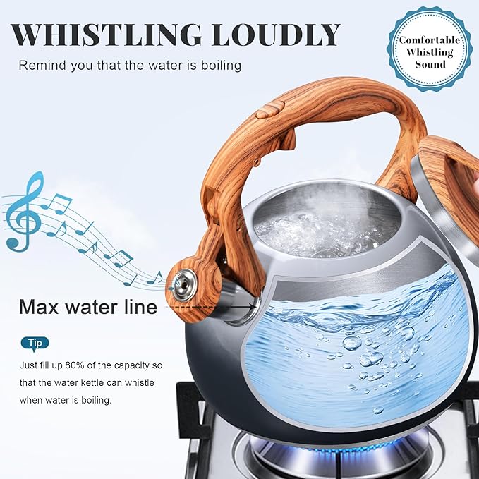 GGC Tea Kettle for Stove Top, 3.1QT/3L Whistling Tea Kettles for Boiling Water Coffee or Milk, Grey&Black Gradient kettle Pot with Wood Parttern Handle, Stainless Steel Pot for Home and Kitchen - Bloomnest