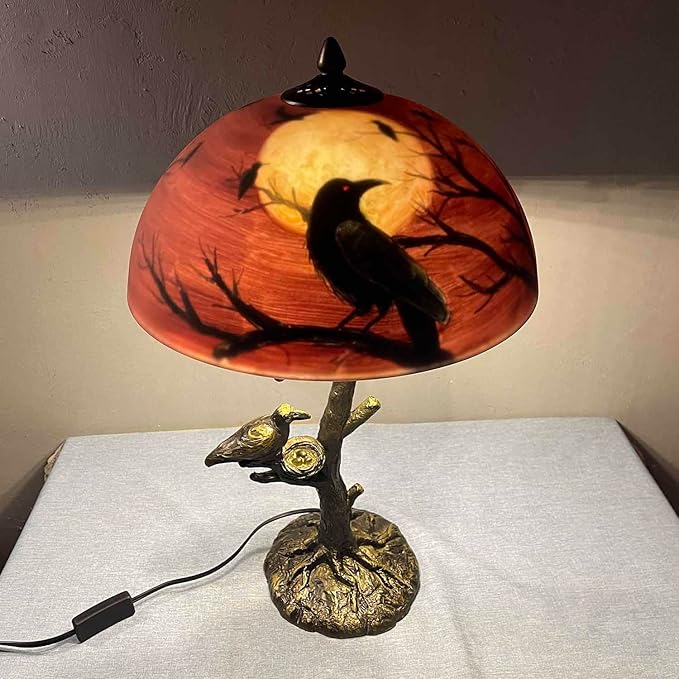 Bieye L10969 Ravens Sitting on Bare Tree Branch Against Full Moon Hand-Painted Glass Table Lamp with Raven Nest Lamp Base for Halloween Home Decor (Black Red, 14" D x 14" W x 22" H)