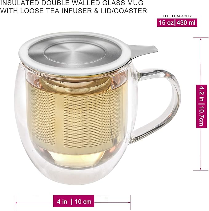 Teabloom Stay-Hot Heatproof Glass Mug with Loose Tea Infuser and Lid – 15 oz /430 mL – 2 Blooming Teas Included - Bloomnest