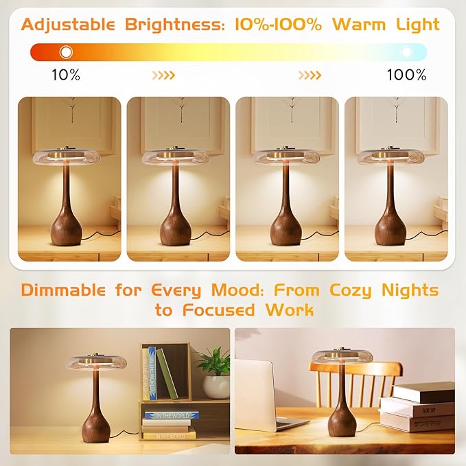 Small Table Lamp for Bedroom-Wooden Base Teardrop Mushroom Table Lamps,Amber Glass Shade,LED Three Color Temperature Adjustable Brightness Modern LED Side Table and Desk Lighting(H 12.4 in) - Bloomnest