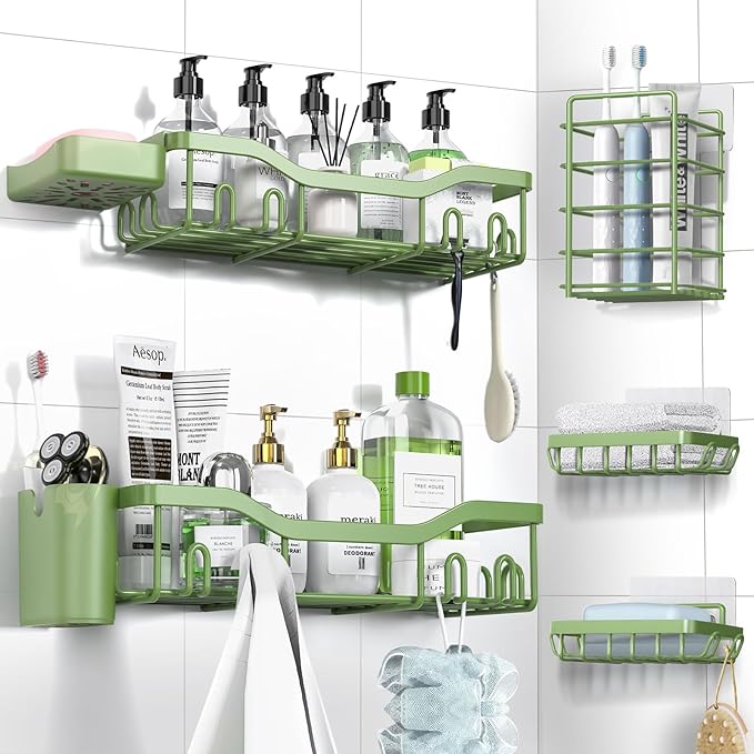Shower Caddy Adhesive Shower Organizer 7-Pack, Rustproof Stainless Steel Bathroom Shelves, Large Capacity No-Drill Rack Storage Accessories with Soap Dish Toothbrush Holder Hooks - Bloomnest