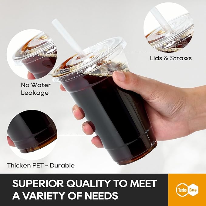 Turbo Bee 200 Sets 16 OZ Clear Plastic Cups with Lids and Straws, Disposable To Go Iced coffee cups with lids for Cold Drinks, Smoothie, and Slushie - Bloomnest