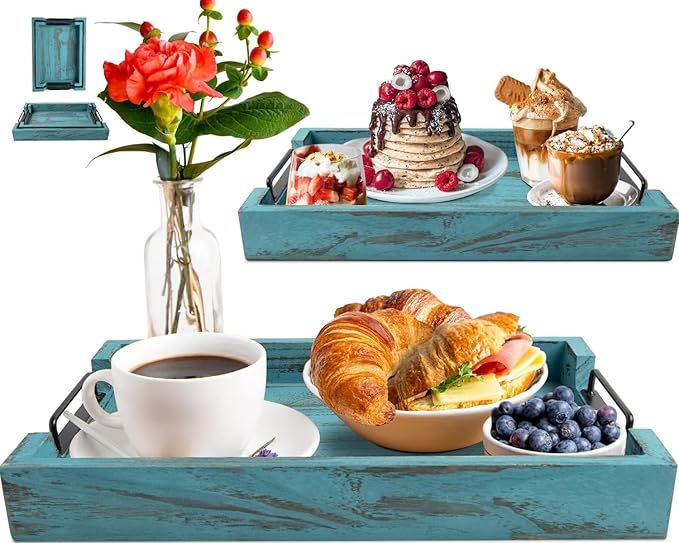 Comfify Rustic Wooden Serving Trays with Handle - Set of 2 - Large and Small Nesting Multipurpose Trays - for Breakfast, Coffee Table/Butler & More - Rustic Blue - Bloomnest