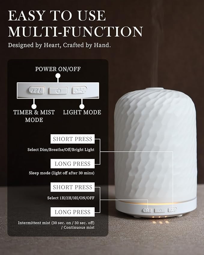 Essential Oil Diffuser – 2.4MHz Ultrasonic Aromatherapy Diffuser, Health Night Light, Timer & Auto Shut-Off, BPA-Free, 120ml Ceramic Oil Diffuser for Home, Office, or Spa, Yoga - Bloomnest