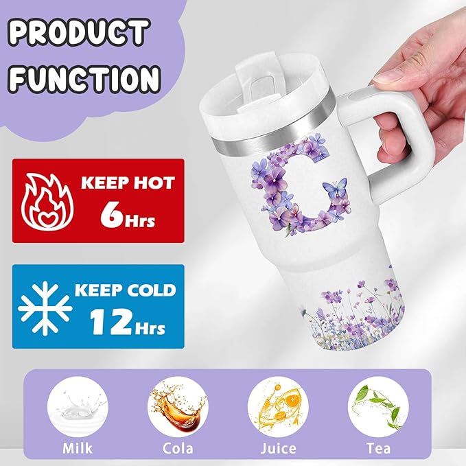 Letter C Tumbler Gifts, 14oz Letter C Themed Tumbler with Handle and Straw, Stainless Steel Double Wall Vacuum Insulated Cup Keep Hot Cold - 14oz Travel Mug with Lid Tumblers for Home Work Outdoor Use - Bloomnest