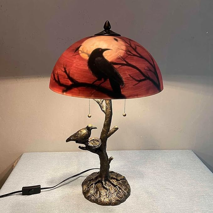 Bieye L10969 Ravens Sitting on Bare Tree Branch Against Full Moon Hand-Painted Glass Table Lamp with Raven Nest Lamp Base for Halloween Home Decor (Black Red, 14" D x 14" W x 22" H)